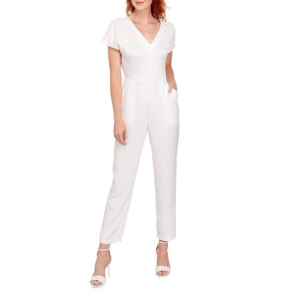 Halston White V Neck Jumpsuit Small